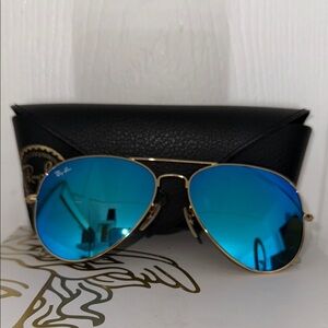 Ray-Ban Gold Aviator Sunglasses with Blue Lenses